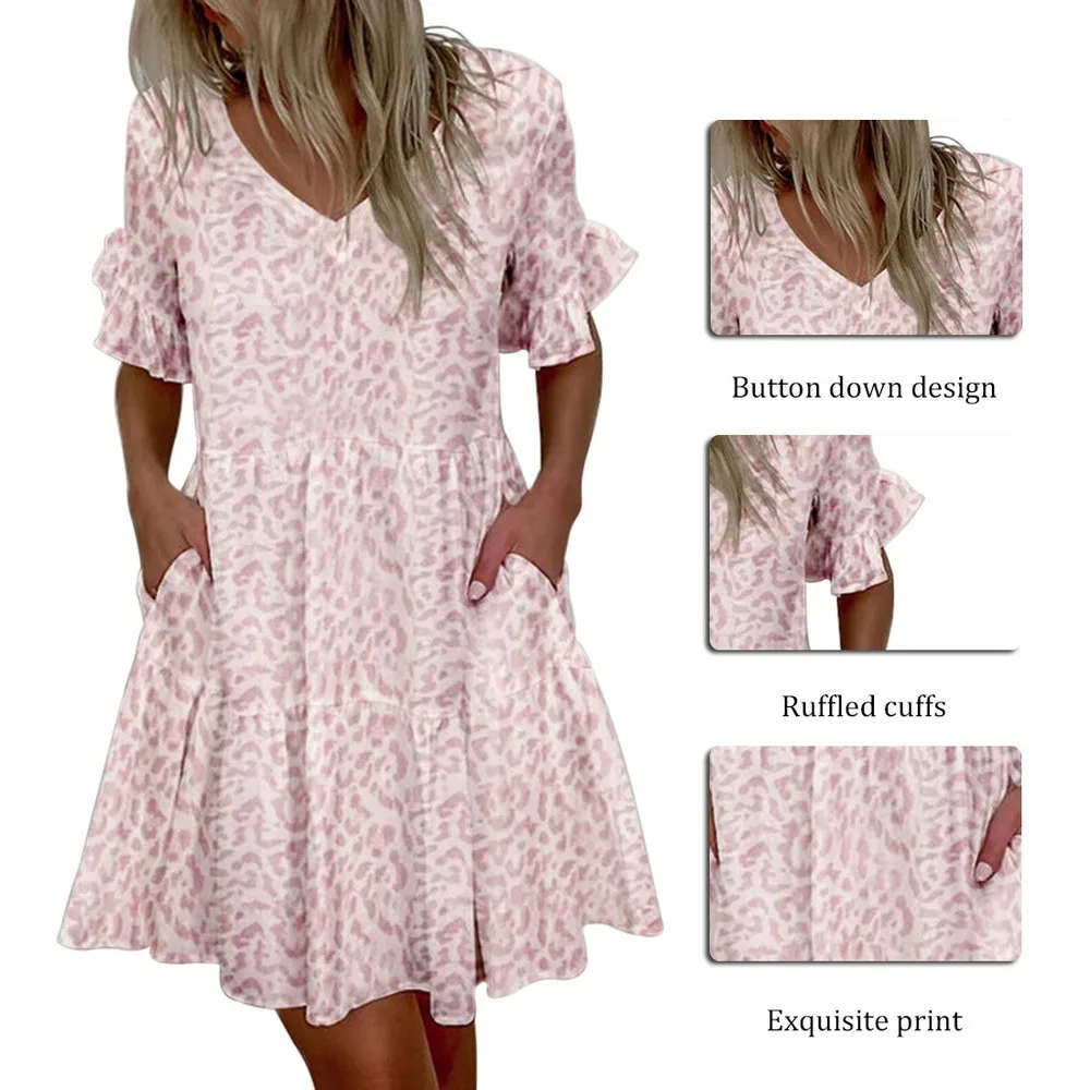 

Casual Ruffles Loose V-Neck Dress Women Summer Short Sleeve Floral Print Woman Dress Plus Size 2021 Fashion White Beach Dresses