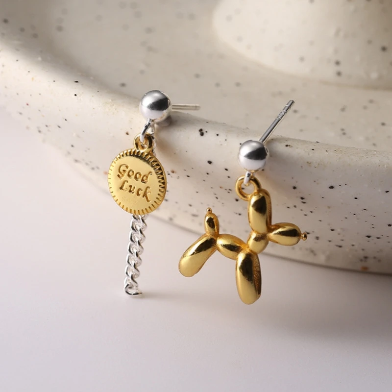 Silvology Real 925 Sterling Silver Balloon Dog Stud Earrings for Women Asymmetry Chain Cute Creative Earrings Designer Jewelry