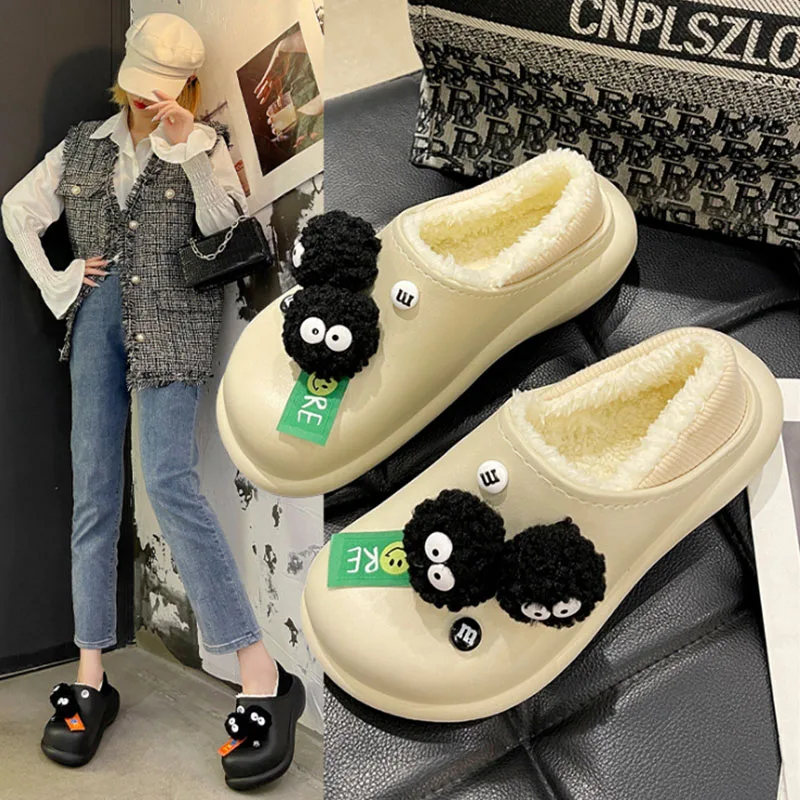 

Женские хлопковые тапочки, Симпатичные Бархатные Теплые зимние женские туфли, модная верхняя одежда, меховые сланцы, водонепроницаемые кро...