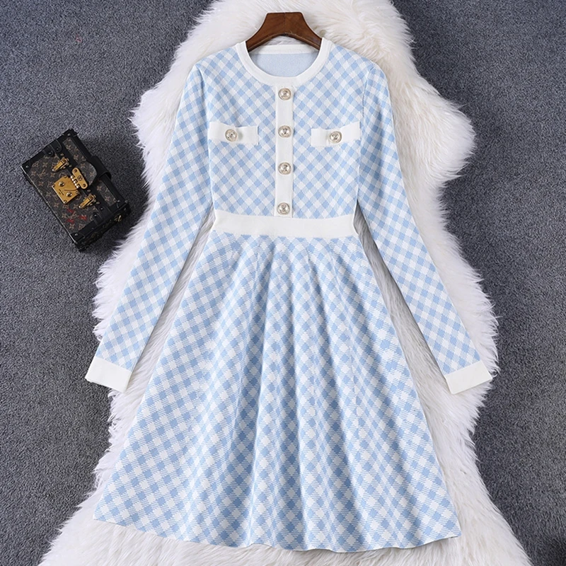 

2021 New Spring Knitted Sweater Dress Women Button Up Korean Fashion Vintage Plaid Blue Black Mini Dress Robe Femme Vestidos