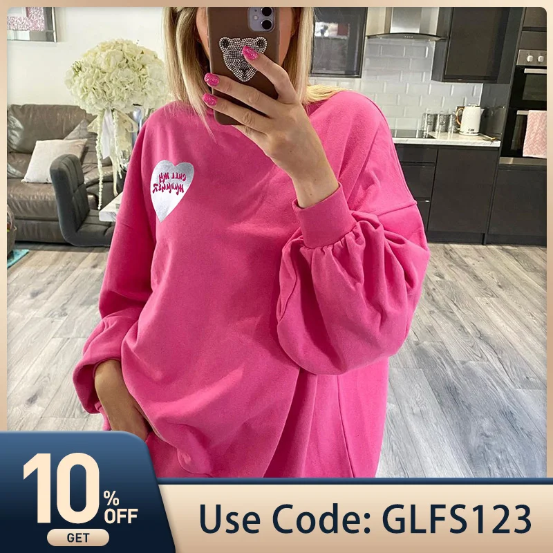 

Winter Heart Printing Pullover Women Casual Solid Color Loose Sweatshirt Fashion Y2k 2021 Long Sleeve Simple Street Sweatshirt