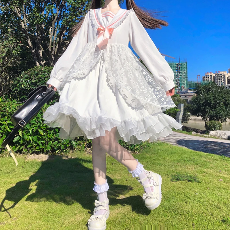 

Japanese Lolita Style Women White Princess Dress Sailor Collar Bow Floral Mesh Dress Cute Kawaii Layered Ruffles Fairy Dresses