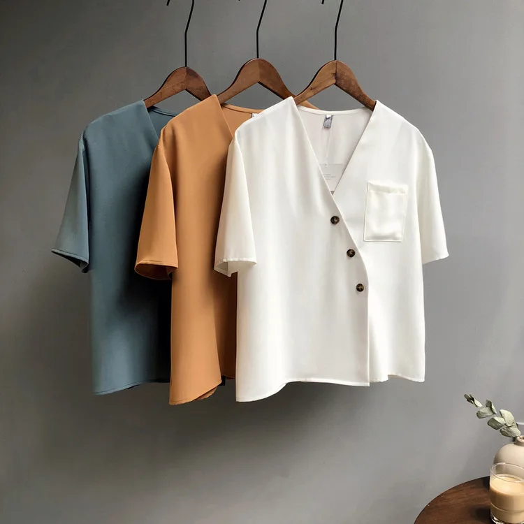 Косой пряжкой v-образным вырезом женские летние рубашки с коротким рукавом синие