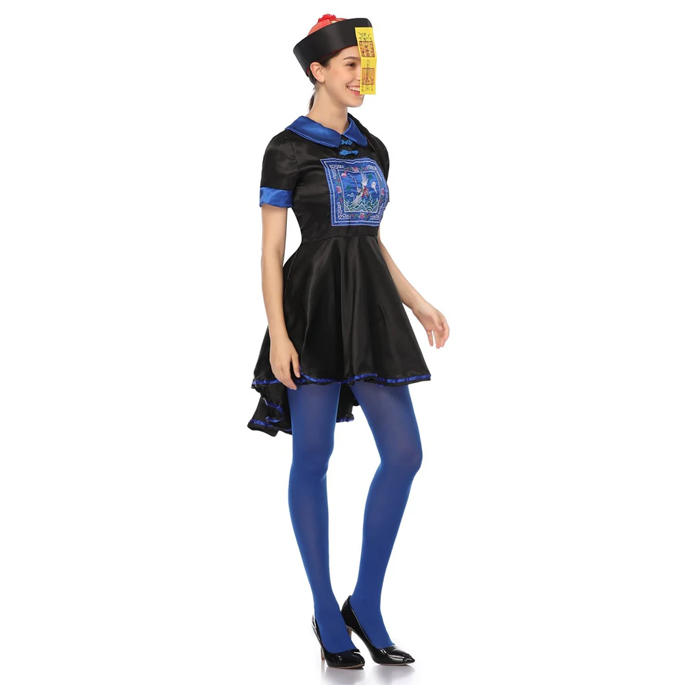 Chinese Zombie Costume Halloween Cosplay Folklore Ghosts Adult Qing Robe Costumed Female Role Plays Black Fancy Dress | Тематическая