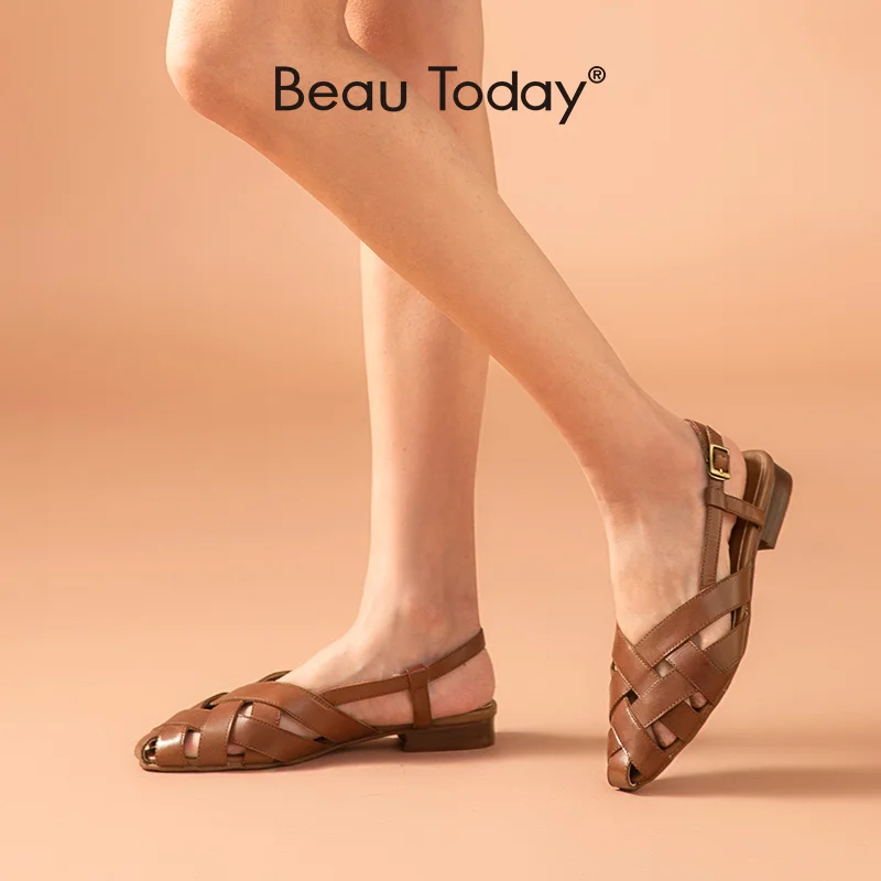 

Босоножки BeauToday женские из телячьей кожи, сандалии с перекрестными ремешками, плоская подошва, с закрытым носком, с ремешком на пятке, лето 33036