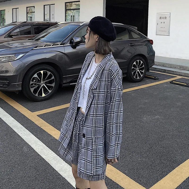 

Plaid Blazer Suit Hong Kong Style Suit Female Shorts Two-Piece Suit 2020 Autumn New Streetwear Suit