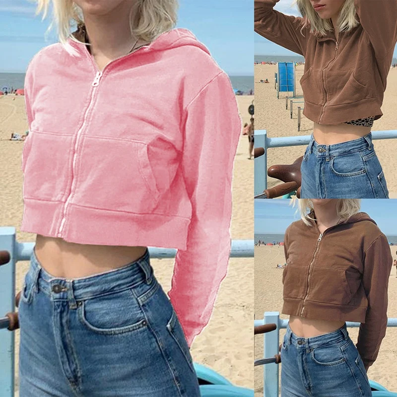 

Women's Fashion Solid Color Zipper Hooded Short Sweater Jacket