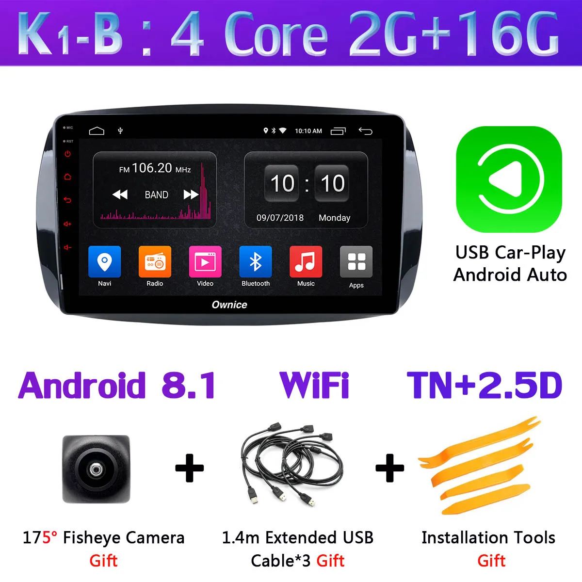 K1-B-CarPlay 360 ° камера 4G LTE Android 9,0 4G+ 64G SPDIF DSP CarPlay Автомобильный мультимедийный плеер для Mercedes Benz Smart Fortwo- gps радио - Цвет: K1-B-CarPlay