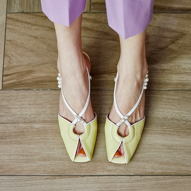 

2021 Fashion Summer Thick Heel Fish Mouth Sandals Genuine Leather Retro Elegant Romantic Banquet French Pearl Sandals Size 34-40