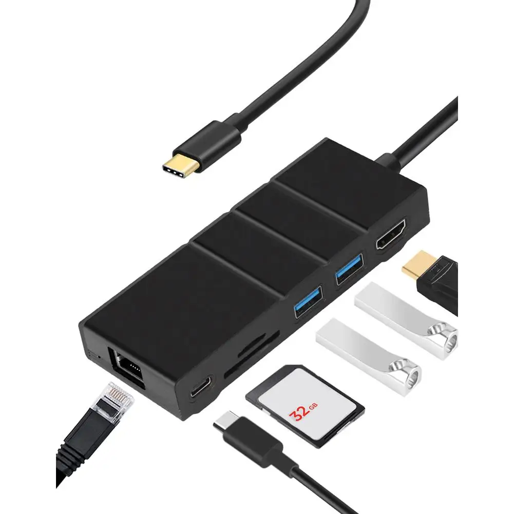 

Type-c To HDMI 2-port USB3.0 SD/TF Card Gigabit Ethernet Port PD HUB Docking Station 7-in-1 USB-C Multi-function Dock Station