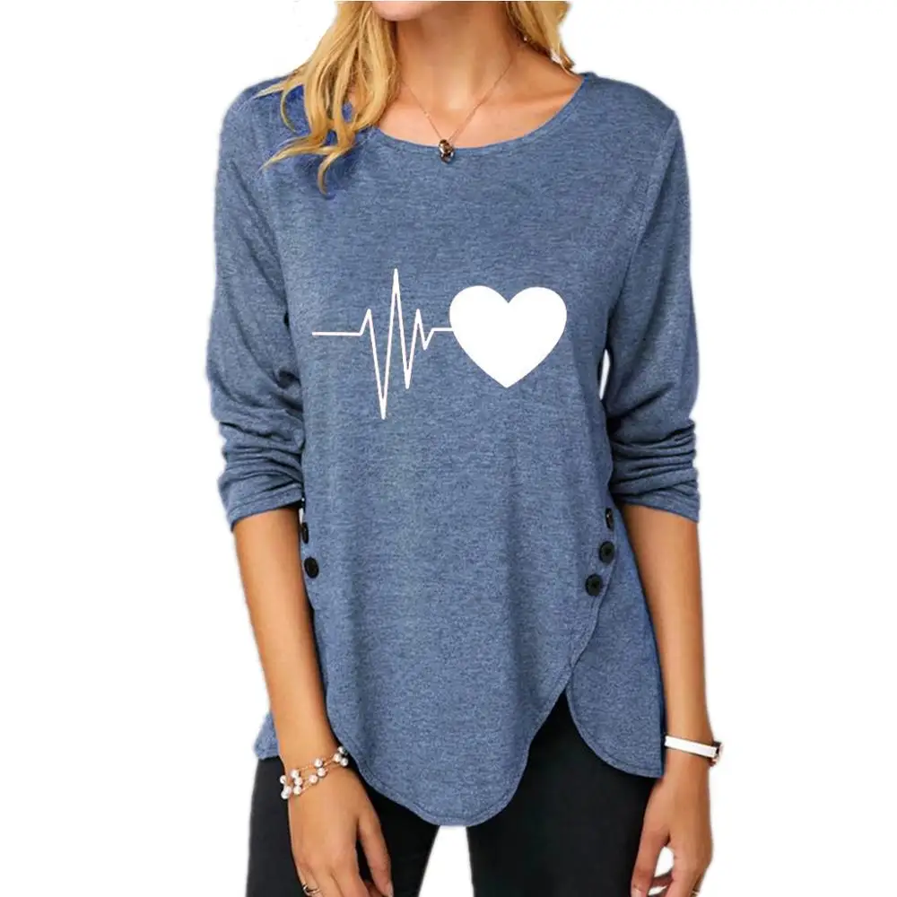 

Fashion Irregular Button Long Sleeve O Neck Love Print Women's T Shirt 2021 Spring Autumn New Large Size Loose S-5XL Ladies Tee
