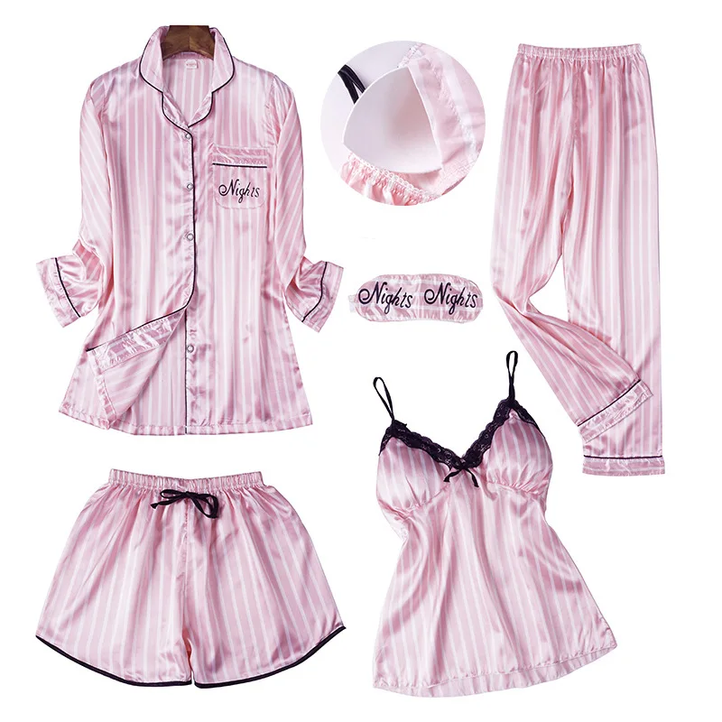 Женские пижамные комплекты с длинными рукавами и принтом на тонких лямках 5 шт.