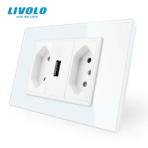 Бразильский стандарт Livolo, 3 контакта, 10 А, 20 А, с USB-разъемом, белаячерная стеклянная панель для вилки type n, заземляющие провода
