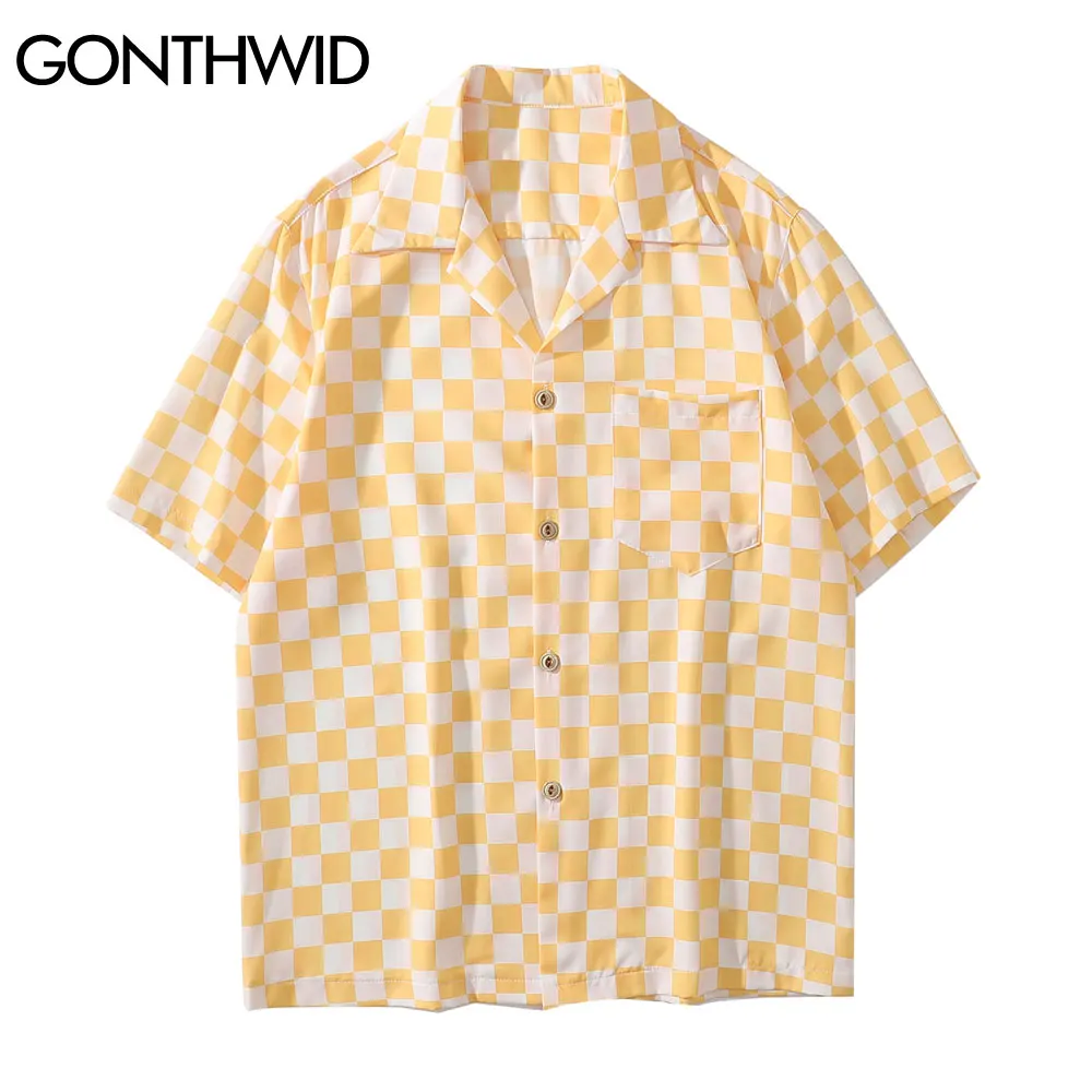 

GONTHWID Hawaiian Shirts Harajuku Color Block Plaid Short Sleeve Shirt Men Summer Holiday Tropical Casual Streetwear Button Tops