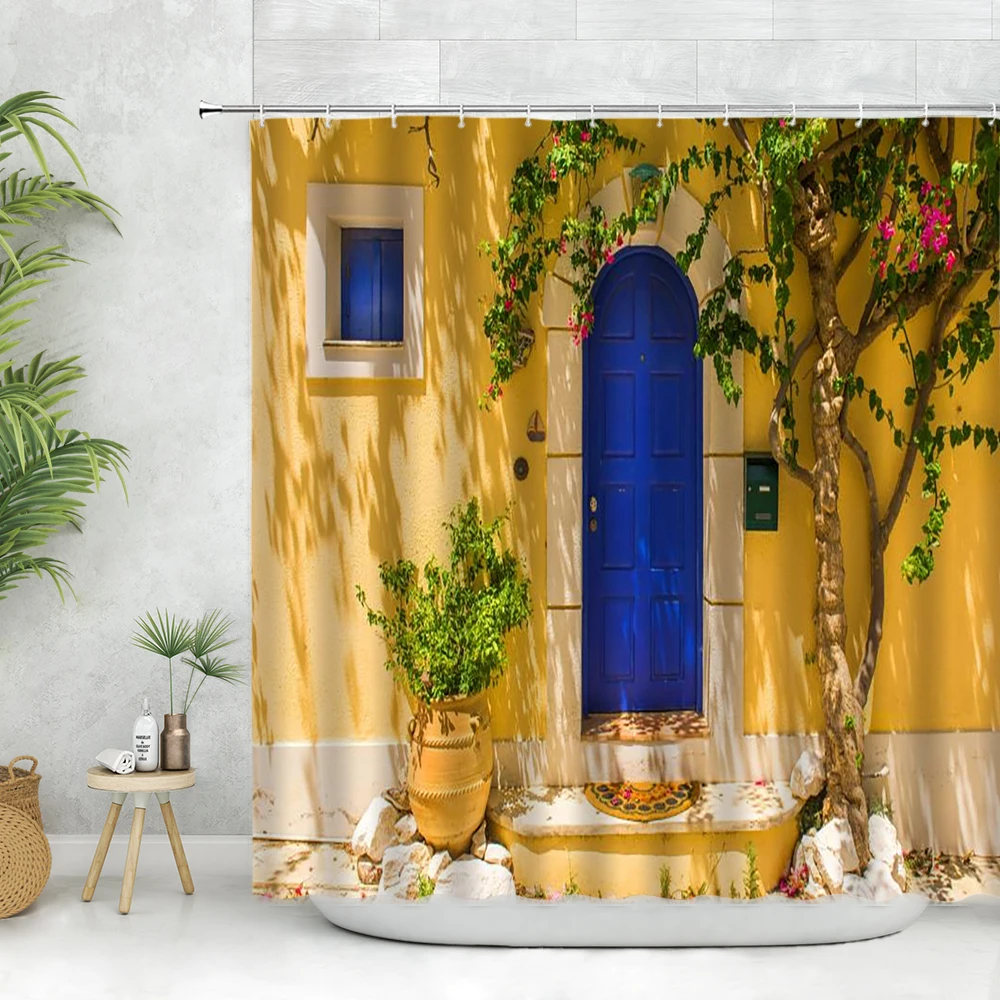 

Занавеска для душа в европейском стиле, занавеска в стиле ретро для старого дома, с крючком, для ванной комнаты, желтая, синяя, розовая