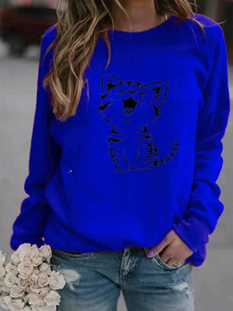 

New 2021 ladies fashion casual summer cat and wave pattern round neck long sleeve hooded pullover No hat female