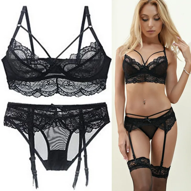 

Новинка, сексуальное прозрачное нижнее белье, кружевной бюстгальтер + трусики + подвязки, комплект из 3 предметов, Женский Бралетт с вышивкой...