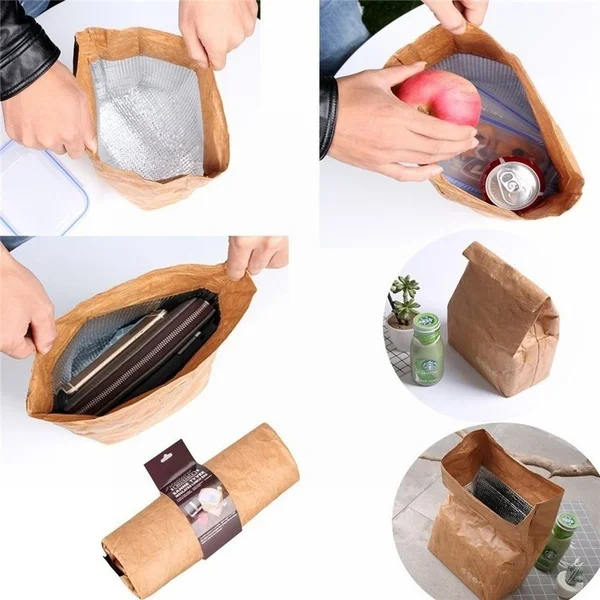 

1PC Fashion Brown Paper Lunch Bag Reusable Insulated Thermal Cooler Sack Magnetic Closure