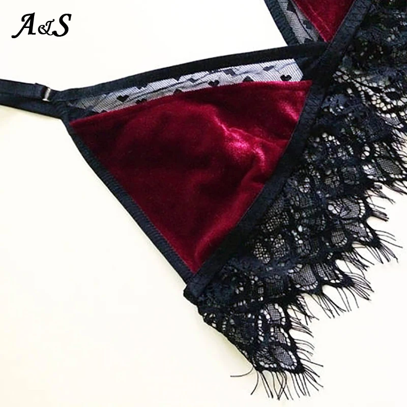 

Sexy Women Lingerie Lace Gold Velvet Patchwork Set Femme Deep V Neck Temptation Bra Underpants Sets Ropa Interior Mujer