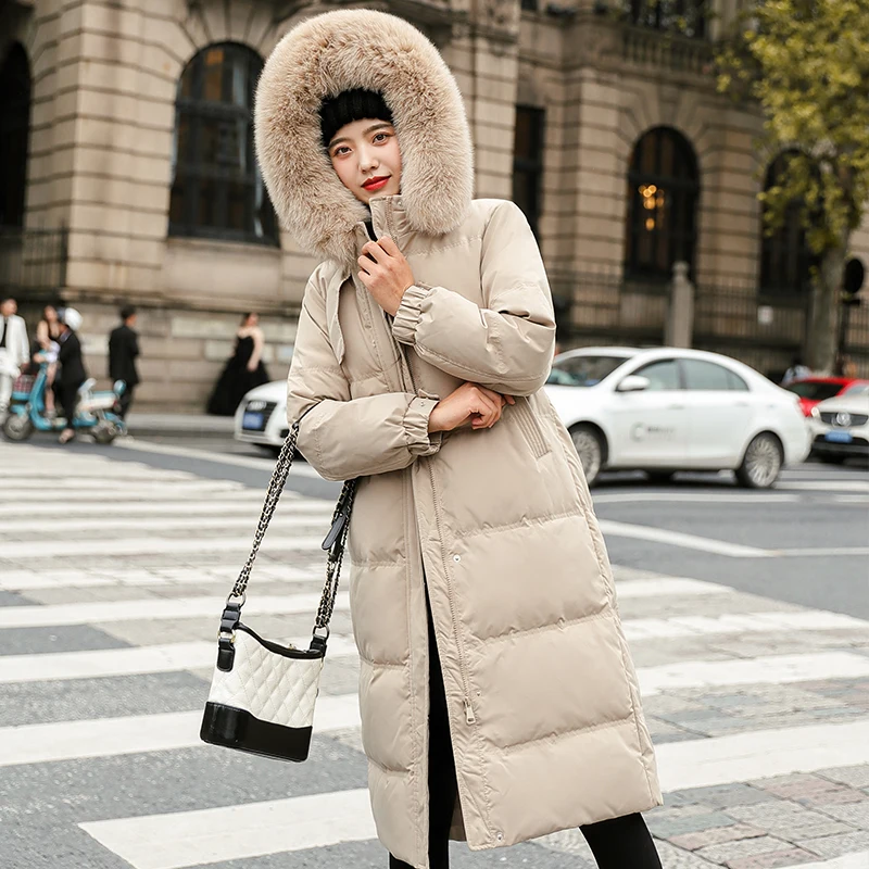 Winter Women Large Fur Collar Down Long Jacket with Belt Casual Hood Thicken Warm Parkas Coat 2021 White Duck Down Slim Outwear