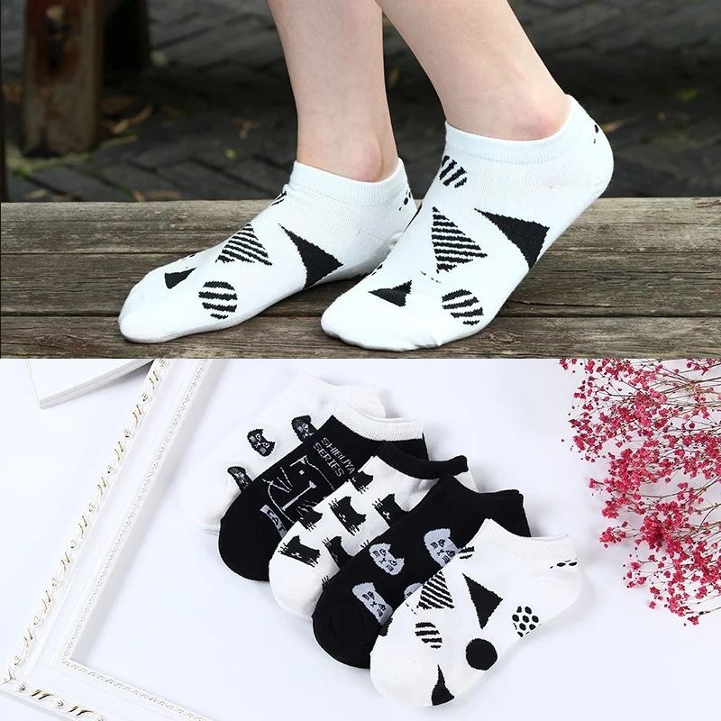 

5 Pairs Of Female Socks Autumn Fashion Cartoon Cat Head Black And White Cat Pattern Breathable Comfortable Cute Boat Socks