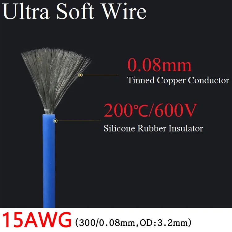 

15AWG Silicone Gel Rubber Wire OD 3.2mm Flexible Cable High Temperature Insulated Copper Ultra Soft Electron DIY Line Colorful