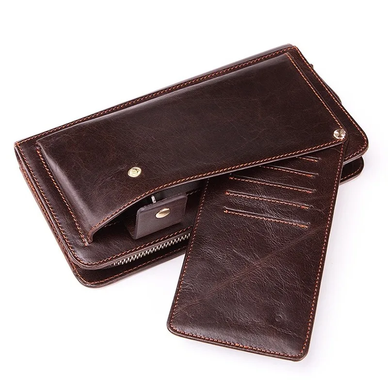 Koop Zakelijke Mannen Handtassen Lederen Koppelingen Eerste Laag Koeienhuid Portemonnee Multi-Card Rits Portemonnee Mobiele Telefoon Tas Grote Capaciteit