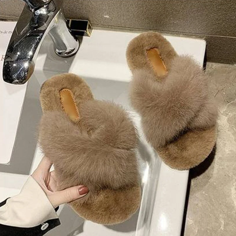 Plush Slippers Real Rabbit Fur Slides Fashion Cross Band Flat Sandals Winter House Women Fur Slippers Ladies Fluffy Home Shoes