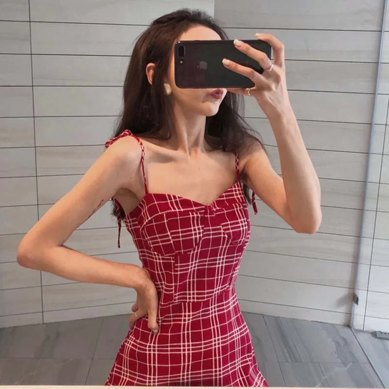 Клетчатое платье на бретельках с завышенной талией женское милое в стиле Ins Kawaii