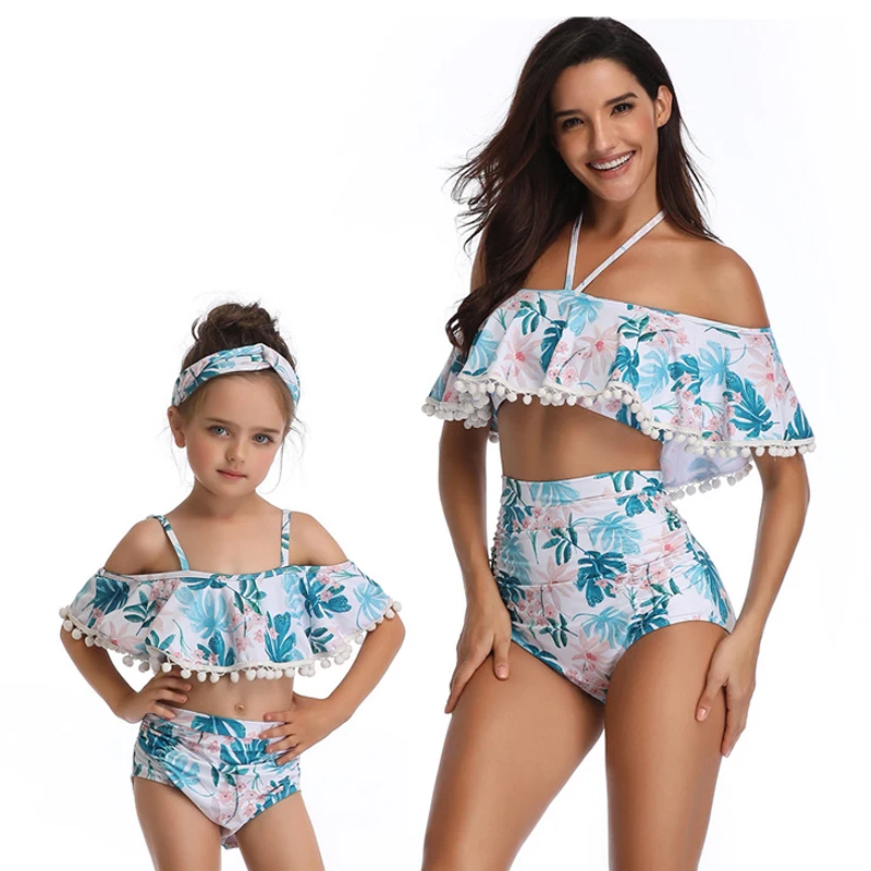 С Лямкой на шее Волан Для женщин из двух частей дочь мамы купальники и девочек