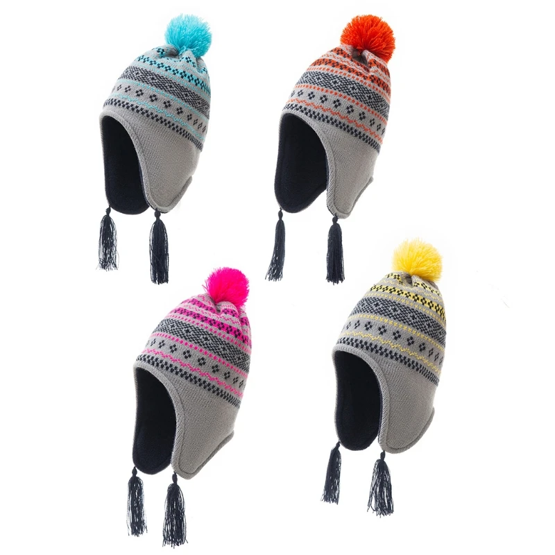 

Kids Baby Winter Plush Lining Earflap Cap Knitted Cute Pompom Tassels Beanie Hat