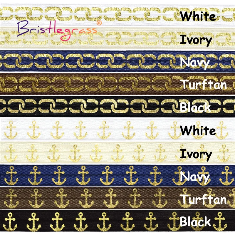 

BRISTLEGRASS Combo 10 Yard 5/8" 15mm Anchor Chain Foil Print Fold Over Elastics FOE Spandex Band Tape Hair Tie Dress Sewing Trim