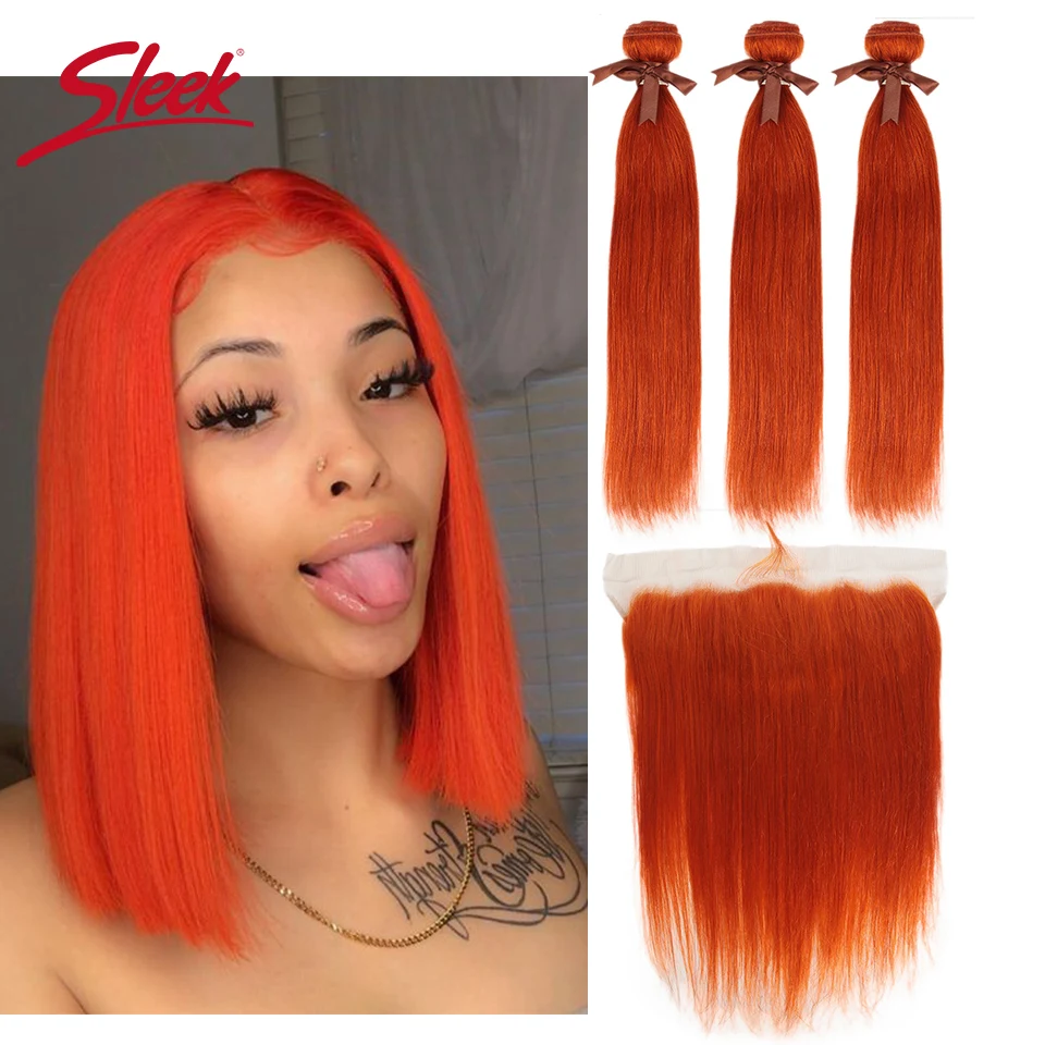 Sleek Mink Orange and Red Blonde Color Brazilian Straight Bundles With Frontal Remy Human Hair Weave Bunldes Hair Extension