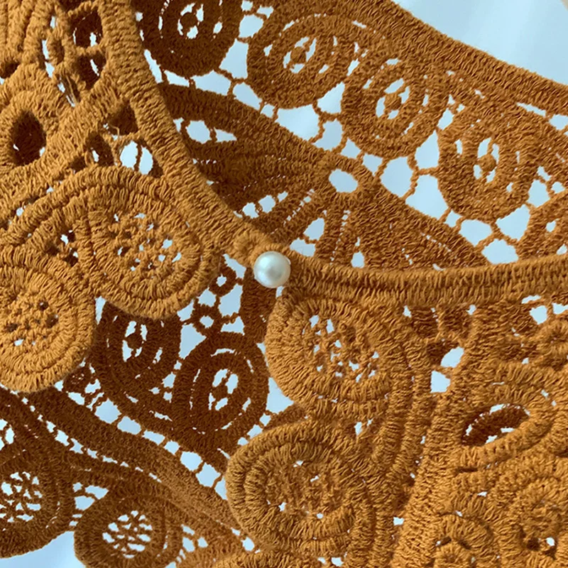 

Korean Women Hollow Floral Lace Fake Collar Detachable Buttons Large Pointed Lapel Half Shirt Blouse Dress Decorative Accessory