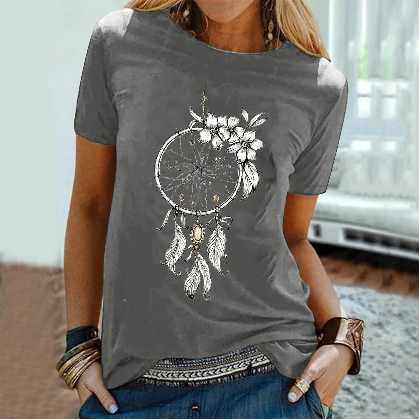 

Ladies Printed Short Sleeve T-Shirt Top Ladies Casual Printed Shirt Short Sleeve Loose T-Shirt Top Retro Print Short Sleeve