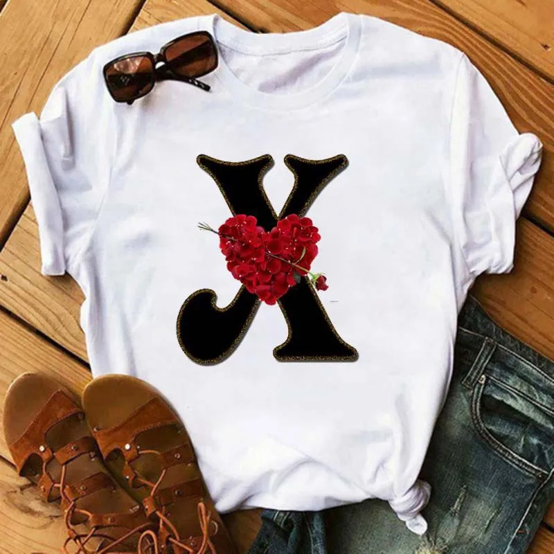 

Custom Name Letter Combination Women T Shirt Rose Flower Letter Font A B C D Print Short Sleeve Tee Tops Cotton Tshirt Clothes