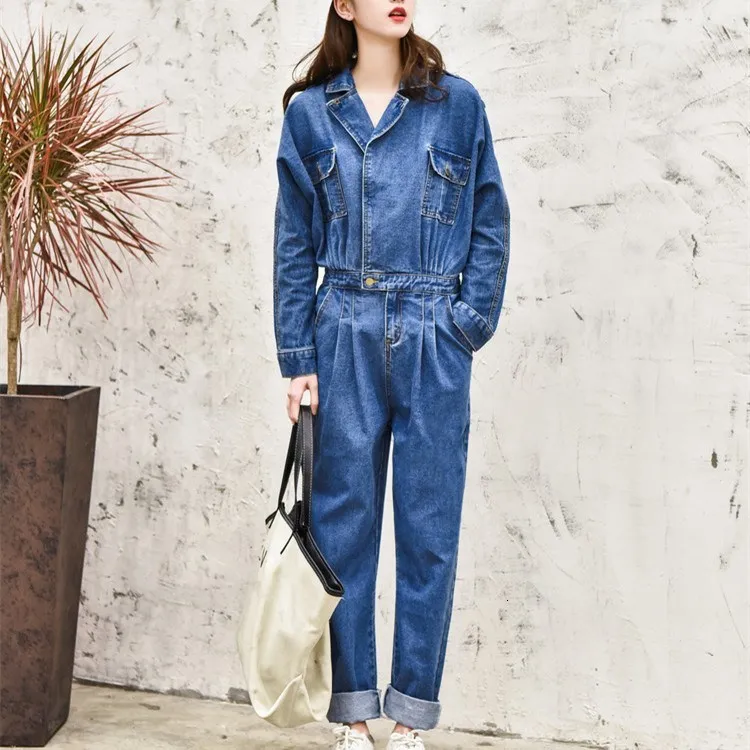 2019 New Solid Denim Jumpsuit Women Lapel Long Sleeve High Waist Jumpsuits Female Retro Casual Jeans Rompers | Женская одежда
