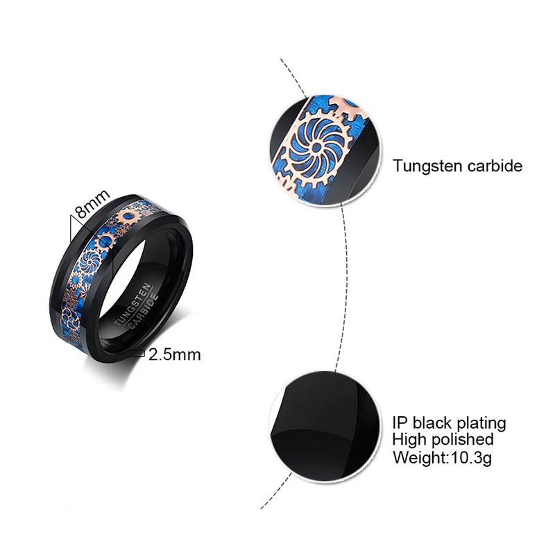 

Vnox Men's Cool Gearwheel Tungsten Carbide Ring 8 mm Black Wedding Band Comfort Fit US Size Male Jewelry