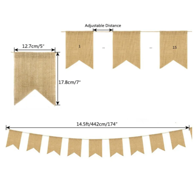 

15pcs/set Dovetail Jute Burlap Flags Wedding Pennant Banner Birthday Party Linen Pennant Home Decor event supplies
