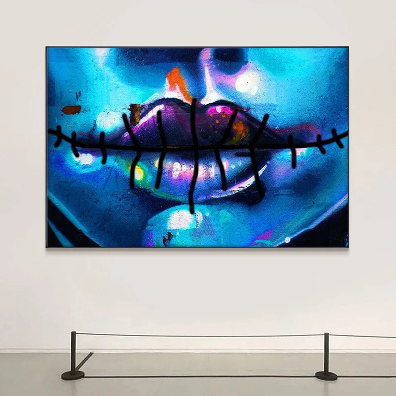 

Graffiti Canvas Painting Wall Art Abstract Mexican Art Blue Lip Picture For Makeup Room Posters And Prints Modern Home Decor