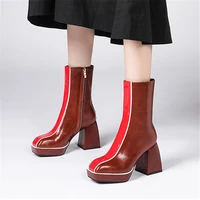 2021 autumn women mid calf boots genuine leather platform thick heels pumps newest night club shoes woman heels black brown