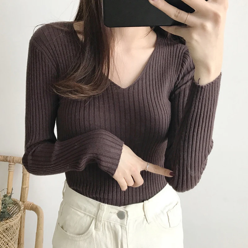 

2022 Basic v-neck Solid Autumn Winter Sweater Pullover Women Female Knitted Sweater Slim Long Sleeve Badycon Sweater