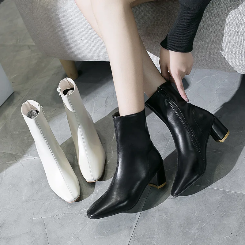 Модные кожаные ботильоны женские ботинки на толстом высоком каблуке с застежкой