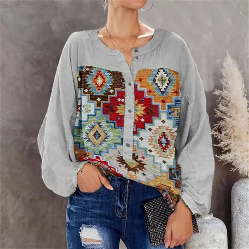 

2021 European and OK American ladies new hot sale round neck button printing long sleeve 2207
