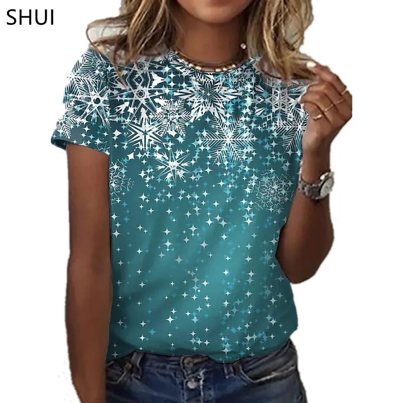 

Ladies Fashion Short Sleeve Comfortable Top 3D Snowflake Pattern Digital Printing T-shirt Urban Europe and America