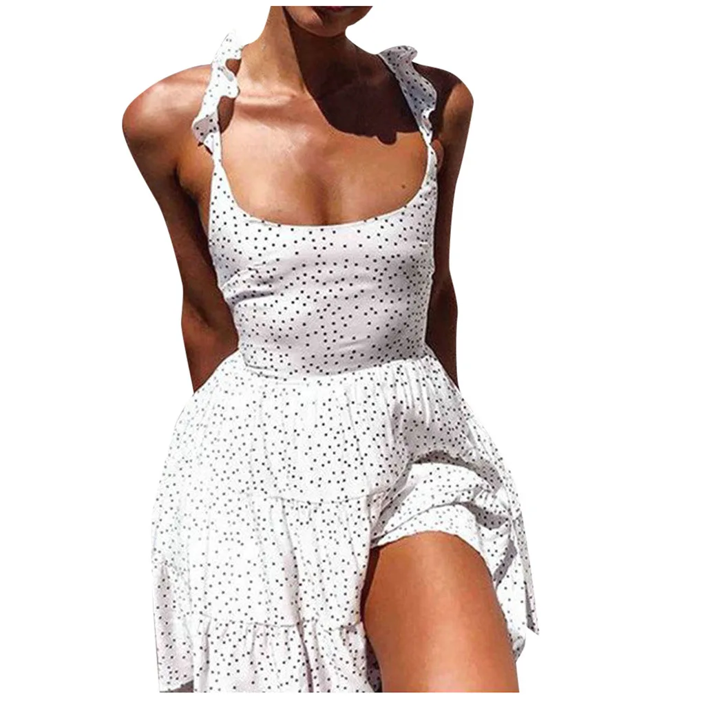 

2021 new round dot Ruffle open back sexy lace up beach skirt dress