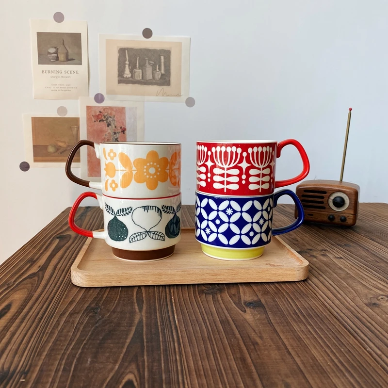 

Stacking Coffee Mug Ceramic Retro Pattern Milk Cup Glaze Flowers Apple Dots Creative Large Capacity 250ml Lovers Cup Breakfast