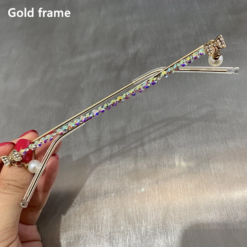 Gold pearl Новые модные очки, сплав, оправа для женщин, зеленый и красный драгоценный камень, без линзы, цепочка, подвеска, половина оправы, роскошные бриллиантовые очки - Цвет линз: Gold pearl