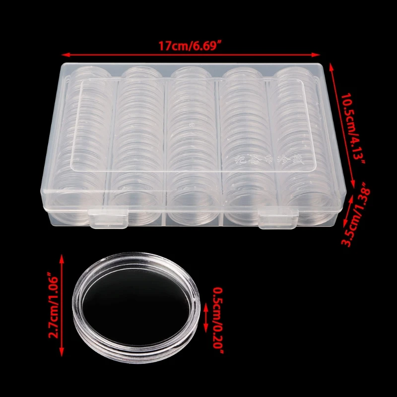 

100 Coin Holder Capsules 27mm Round Box Plastic collectibles Storage Organizer