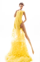 free shipping robe de soiree 2016 new hotsexy yellow long organza pearls tiered o neck vestido de festa longo prom dresses